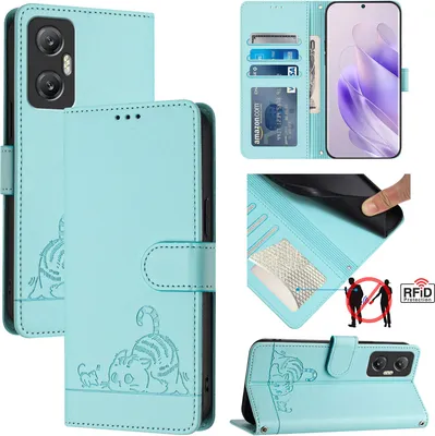 Produktbild von Leder Hülle für Infinix Hot 20 5G Süße Katze Flip Case Brieftasche Schutzhülle mit Standfunktion hellgrün