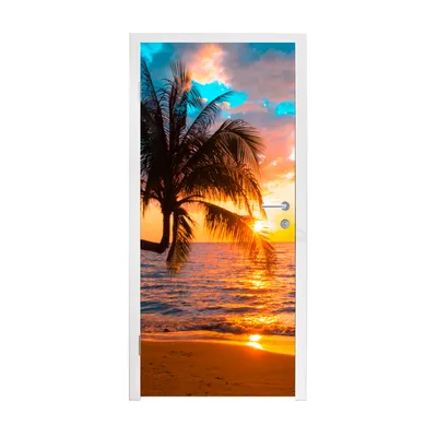 Obrázok produktu pre MuchoWow® Tapety na dvere - Samolepiaca fólia na dvere - Palma - Západ slnka - Horizont - Pláž - More - Tropické - 215x85x0.1cm - Plagát na dvere - Samolepiaca