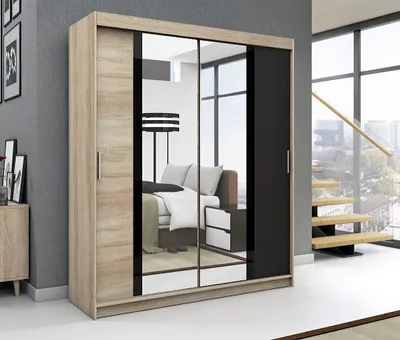 Produktbild von Schwebetürenschrank, 2-türig Schrank mit Spiegel, Kleiderschrank BRANI 120 Farbe: Sonoma / sonoma / schwarz
