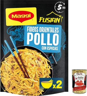 Produktbild von 12x MAGGI Fusian orientalische Nudeln mit Hühnergeschmack – 121 g + Italian Gourmet polpa 400g