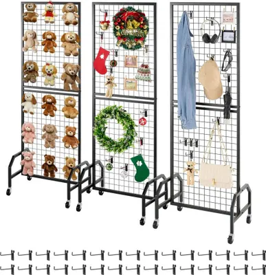 Obrázek produktu pro Síťové nástěnné panely 60 x 164 cm 3 ks - Stojan na kolečkách s 30 háčky - Stojany z uhlíkové oceli - Stojan na umělecké předměty pro dekoraci a skladování - Černý