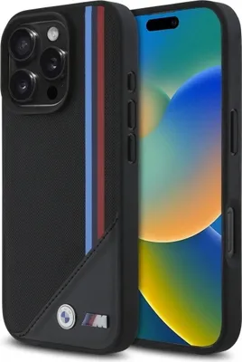 Zdjęcie produktu dla BMW BMHMP16L23PUTRK Etui ochronne MagSafe do iPhone'a 16 Pro 6,3" czarny/czarny Hardcase M Meshed Tricolour Stripes