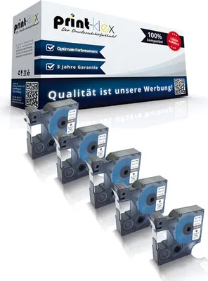 Produktbild von 5x Kompatible Schriftbänder für Dymo D1 45013 MobileLabeler Labelpoint 100 150 200 250 300 350 Labelwriter 400Duo S0720530 12 mm 7 m black - white Beschriftungsband - Easy Light Serie