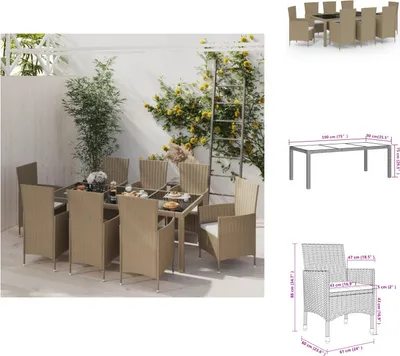 Produktbild von vidaXL 9-tlg. Garten-Essgruppe mit Kissen Poly Rattan Beige -  Gartenmöbel-Sets