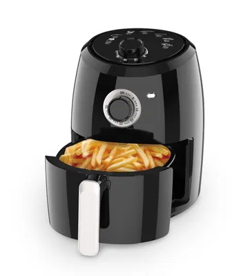 A black Daewoo HaloAir Airfryer with a basket full of french fries.