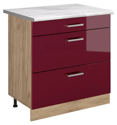 Imagen del producto de Mueble bajo de cocina Vicco R-Line Rojo de alto brillo/Roble dorado 80 cm con 3 cajones encimera Mármol, Model 72450