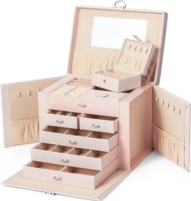 Produktbild von Famanu Schmuckbox - 5-stufig, abschließbar mit Spiegel, rosa für Ringe, Ohrringe, Halsketten, Armbänder