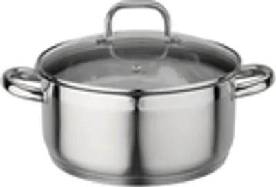 A stainless steel pot with a glass lid and handles, shown from a front-facing angle against a white background.