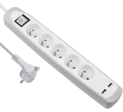Imagen del producto de Regleta de enchufes Electraline, de 5 tomas con 2 puertos USB, color gris, 2 metros