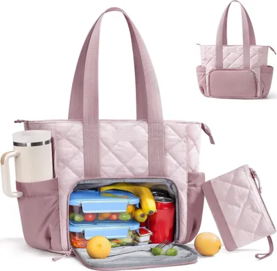 Image de Sac à lunch pour femmes, sacoche pour ordinateur portable (jusqu'à 15,6 pouces) avec compartiment isolé pour le déjeuner et porte-boisson, boîte à lunch légère pour les voyages et le bureau, rose