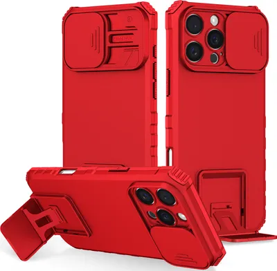 Three red iPhone cases are displayed against a white background. One case is shown from the back, another from the side, and the third from the bottom with its kickstand extended.