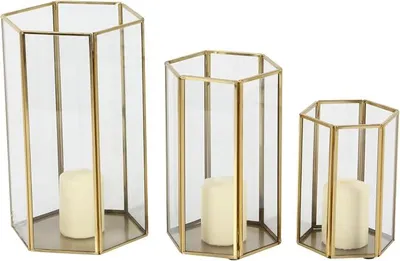 Imagen del producto de Silecomplaza: Juego de 3 faroles decorativos de vidrio con placa de metal, en dorado, de 15,2 cm, 20,3 cm y 25,4 cm de altura