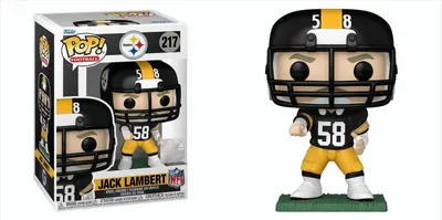 A Funko Pop! figure of NFL player Jack Lambert in his Pittsburgh Steelers uniform, shown both in its packaging and displayed outside of it.