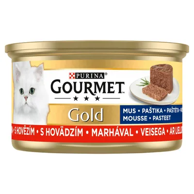 A can of Purina Gourmet Gold cat food with a white cat on the label.
