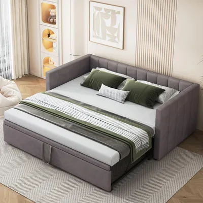 Image de OKWISH Lit Gigogne 90/180x200 cm - Lit Multifonction avec Cadre Extensible, Tissu Velours Gris, Sans Matelas