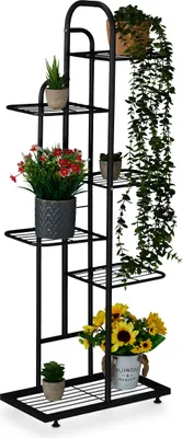 Produktbild von Relaxdays Blumenregal, 6 Ablagen für bis zu 7 Blumen- & Pflanzentöpfe, Metall, Pflanzentreppe, 109,5x44x22 cm, schwarz