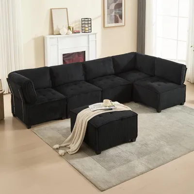 Productafbeelding van 308 cm lang, modulaire bank, 6-zitter, corduroy stof, ergonomisch ontwerp, opbergzakken, flexibel combineerbaar als hoekbank of slaapbank, stabiele houten en metalen constructie, eenvoudig op te bouwen, zwart