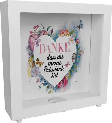 Produktbild von Danke Patentante Rahmen Spardose aus Holz Herz Danksagung