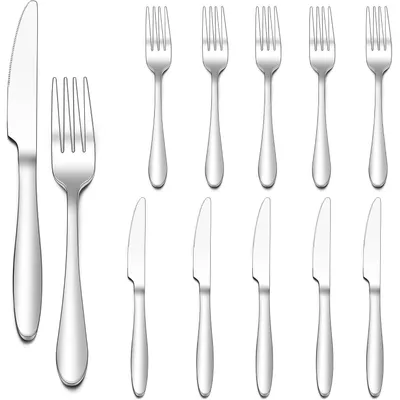 Immagine prodotto di Set di posate in acciaio inossidabile, 12 pezzi, per 6 persone, composto da 6 coltelli da tavola e 6 forchette da tavola, adatto al lavaggio in lavastoviglie