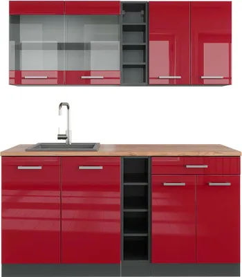 Produktbild von Singleküche Vicco R-Line Rot Hochglanz/Anthrazit 160 cm , AP Eiche, Model 43183