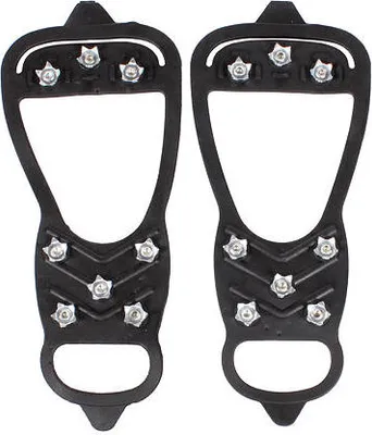 A pair of black anti-slip grips with metal studs for shoes.