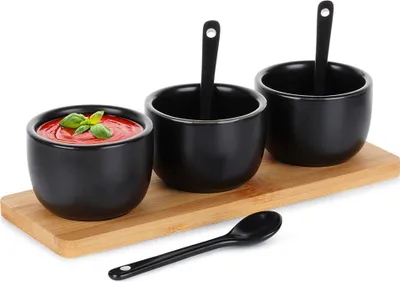 Produktbild von Snackschalen mit Löffeln, Keramik, schwarz, 90 ml, 7 Stk.