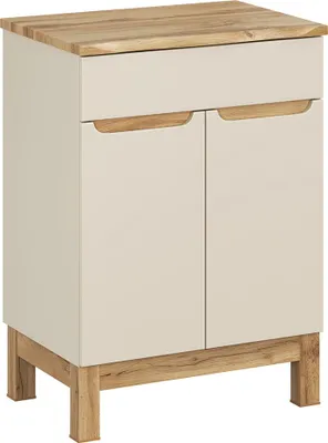 Produktbild von Badezimmer-Waschtischunterschrank 60 cm in kaschmir und Eiche mit Baumkantenoptik, 2-türig - SOLNA-56-CASHMERE