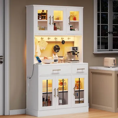 Obrázok produktu pre Kuchynská skrinka, 180x100 cm, bufetová skrinka s LED pásikom, zásuvka, kuchynská skrinka s 6 dvierkami a 2 zásuvkami, biela