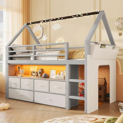 Immagine prodotto di Letto a soppalco 90 x 200 cm a forma di casetta, con catena di luci LED, 6 cassettiere in tessuto, tenda laterale, tasca portaoggetti e protezione anticaduta, colore grigio