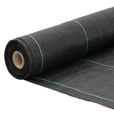 A roll of black landscape fabric with green stitching, shown on a white background.