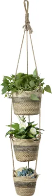 Produktbild von Navaris Seegras Korb Übertopf Set - 3 Größen (S/M/L) mit Jute Seil zum Aufhängen - Blumentopf Boho Stil - Blumenübertopf geflochten - Korb