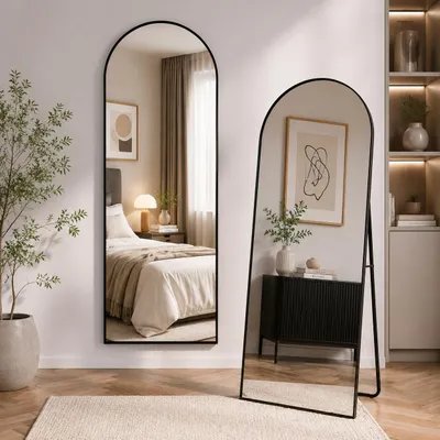 Produktbild von INONEFT Ganzkörperspiegel 177×77 cm, Bogenförmiger Standspiegel, Wandspiegel, Hängend oder Lehnend an die Wand, für Schlafzimmer Wohnzimmer, Schwarz, KI-generiertes Bild