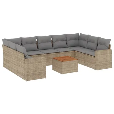 Produktbild von Modulares Garten-Sofaset, 10-tlg. Sitzgruppe mit Stauraum, Poly Rattan & Akazienholz, UV-beständig, Beige/Hellgrau, für Terrasse & Balkon