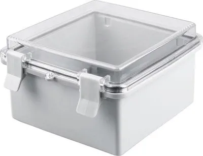 Obrázek produktu pro Vodotěsná rozvodná skříň 150 x 150 x 90 mm – IP65, vhodná pro venkovní použití – sklopná průhledná střecha – prázdná skříň.