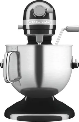 A black and silver KitchenAid stand mixer is shown against a white background.