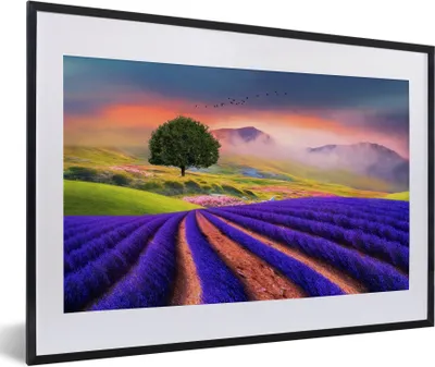 Produktbild von MuchoWow® Gerahmtes Poster Gemälde eines Lavendelfeldes 60x40 cm - Poster mit Schwarzem Bilderrahmen Wandposter Rahmen Foto Bilder - Schlafzimmer - Plakat in Rahmen - Drucken