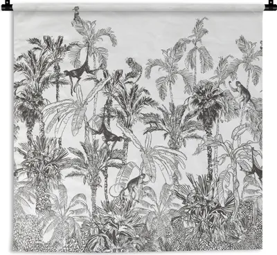 Produktbild von MuchoWow® Wandteppich Wandbehang Dschungel - Tiere - Schwarz - Weiß 150x150 cm Tapisserie Dekoration Wandtuch - Wohnaccessoires - Modernes