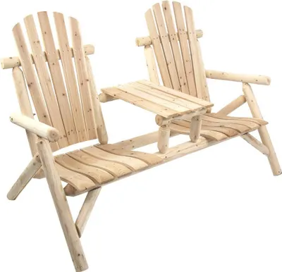 A wooden garden bench with two seats and an integrated table, shown against a white background.