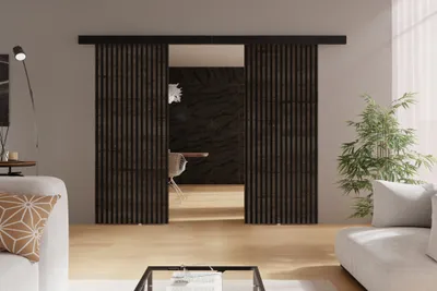 Produktbild von Schwebetüren 130 cm Belor Duo - Schiebetür mit Lamellen imitation, Design Zimmertür - Schiebetürsystem (Dunkel Eiche)