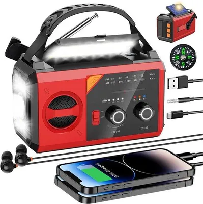 Immagine prodotto di Ibenzoa® Radio di emergenza – Power bank da 27000 mAh, caricabatterie solare e a manovella, AM/FM, allarme SOS, bussola, torcia LED COB (24+51 LED), ingresso audio da 3,5 mm
