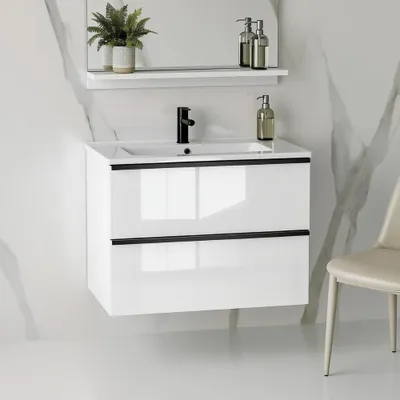Produktbild von Waschtisch mit Unterschrank ONE mit Waschbecken 2 große Schubladen Weiß Hochglanz 60x50x46 hängend Badmöbel Badezimmer Waschbeckenschrank Badmöbel