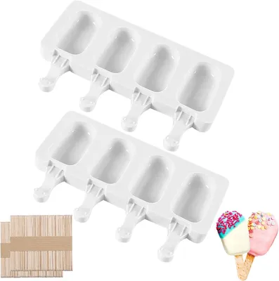 Produktbild von Silikon-Eisformen – Set mit 2 Stück – Eisformen – Lebensmittelqualität – Für Eis, Obst, Desserts – Schokoladenform mit 100 Holzstäbchen