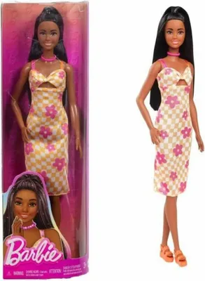 Produktbild von Barbie Fashionistas -Puppe Nr. 233 mit Blumen-Midi-Karokleid und schwarzem Haar, Modepuppe, Weiblich, 3 Jahr(e), Mädchen, 298 mm, 174 g