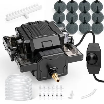 Produktbild von Aquarium Luftpumpe Teichbelüfter mit 42W Dual-Kanal-Kupfermotor 12 Luftstein Alugehäuse Regelbar Bis 80L/Min Teichbelüftungspumpe Sauerstoffpumpe
