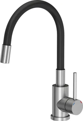 A modern kitchen faucet with a flexible black hose and a brushed stainless steel base and handle.
