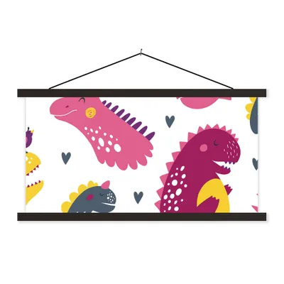 Produktbild von MuchoWow® Textilposter Dino - Muster - Kind - Rosa - Mädchen 90x45 cm mit schwarzem Rahmen - Klemmleisten