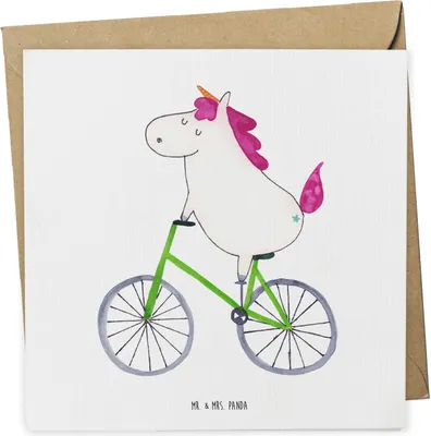 Produktbild von Mr. & Mrs. Panda Glückwunschkarte Einhorn Radfahrer - Weiß - Geschenk, anlasskarte, Bike, Grußkarte, Unicorn, Radfahren, doppelkarte, faltkarte, Klappkarte, Konfetti, Rad