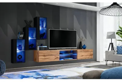 Image de Ensemble meuble TV mural Switch XXII - L 240 x P 40 x H 170 cm - Noir et marron