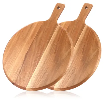 Immagine prodotto di Set da 2 piatti per pizza: piatti rotondi da portata da 30,5 cm, taglieri in legno con manico, realizzati con materiali adatti al contatto con gli alimenti, resistenti e robusti. Ideali come piatti da portata