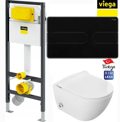 Obrázok produktu pre Domotechnik | Kompaktné WC s bidetom – 51 × 36 × 32,5 cm – Duroplast Slim Soft Close – rám na zapustenie – Viega Prevista Dry